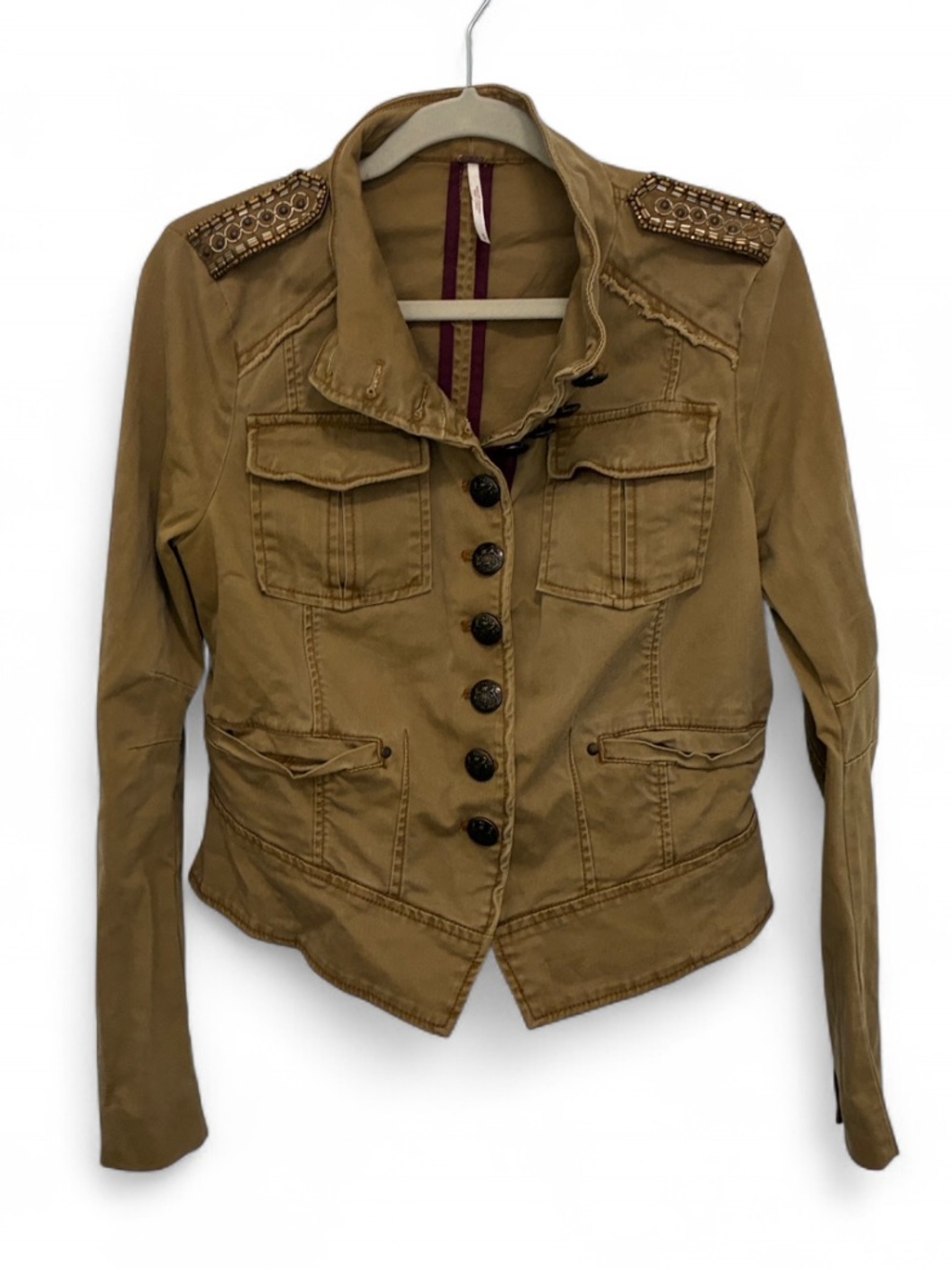 Free People Shrunken Officer Military Utility Jacket with Embellished Shoulders